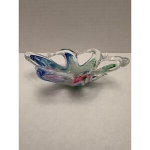 Murano Style Art Glass Splash Bowl Multi Color Swirl Star Centerpiece Dish